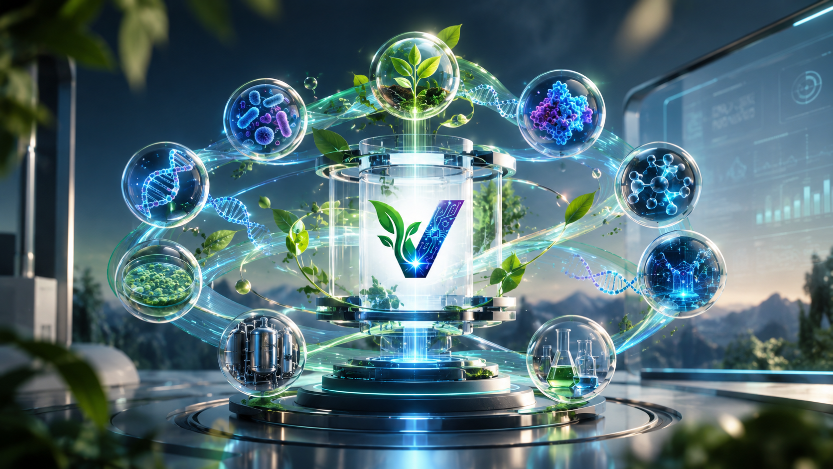 Vardhnova biotechnology research — the Vardhnova mark within a central chamber, surrounded by orbiting scientific elements: microbial cultures, DNA, molecules, a plant seedling, a bioreactor and laboratory glassware