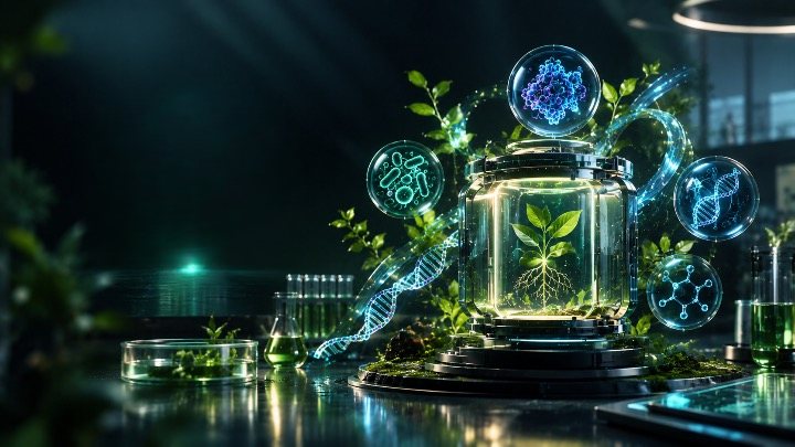 Vardhnova R&D — a bioreactor nurturing a plant seedling, surrounded by molecular and DNA data visualisations in a laboratory
